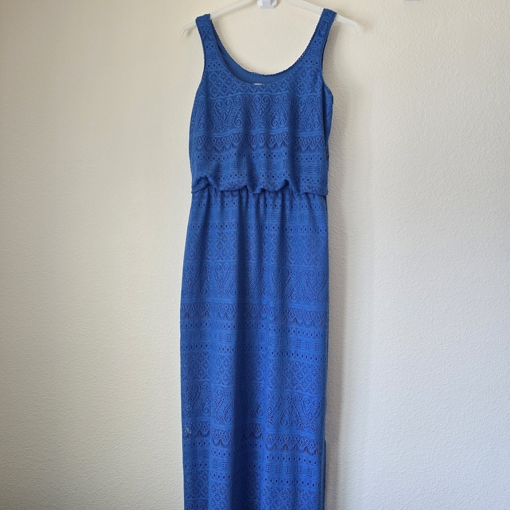 London Times Women's Medium Blue Maxi Slit Dress Eyelet Vacation Beach Coastal